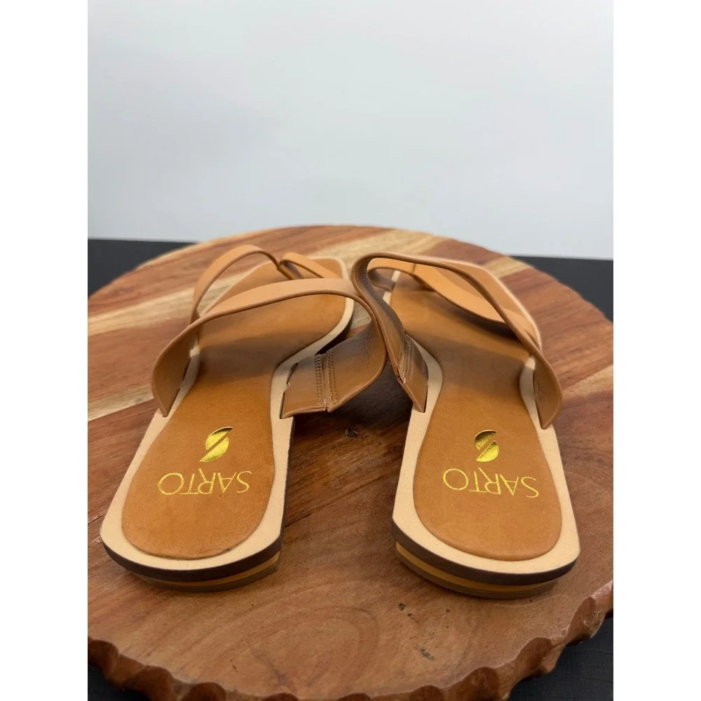 Sarto Ediana Sandals Women 7M Tan Leather Square Toe Loop Flat Slide Shoes